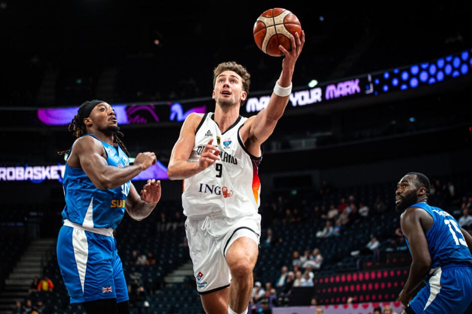 Franz Wagner drives to the basket for a layup during the Group B FIBA Eurobasket 2025 game between Germany v Great Britain