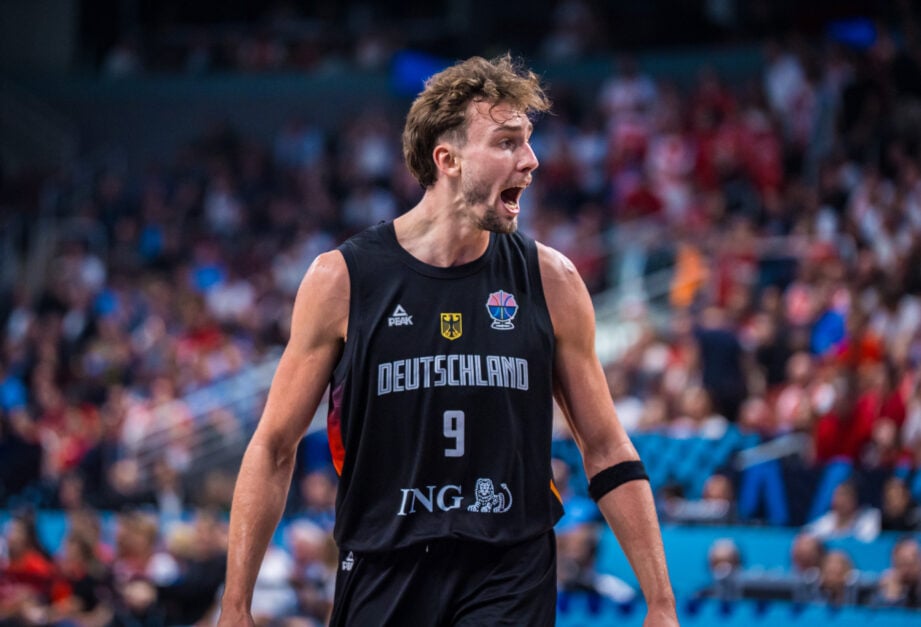 Franz Wagner celebrates during the FIBA EuroBasket 2025 final between Turkey and Germany