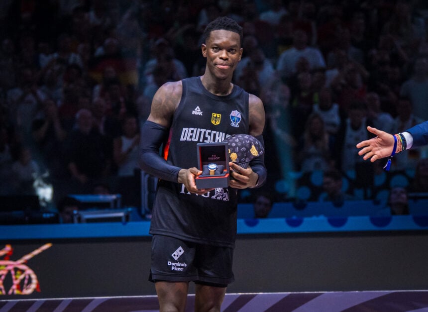 Germany's Dennis Schroder holds EuroBasket MVP trophy