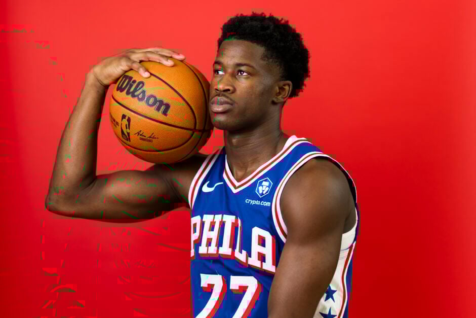 VJ Edgecombe #77 of the Philadelphia 76ers poses for a portrait during media day at 76ers Training Complex.
