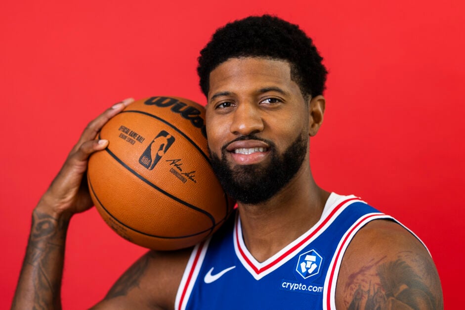 Paul George #8 of the Philadelphia 76ers poses for a portrait during media day at 76ers Training Complex.