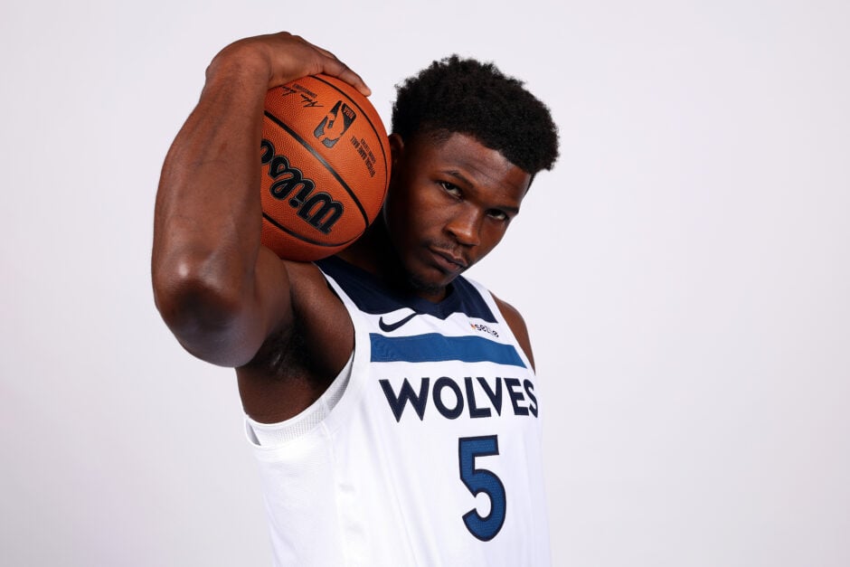 Anthony Edwards #5 of the Minnesota Timberwolves poses for a portrait during Media Day at Target Center.