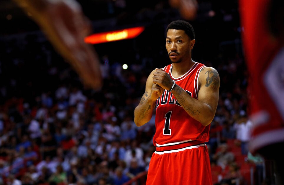 Derrick Rose #1 of the Chicago Bulls looks on during a game against the Miami Heat at American Airlines Arena.