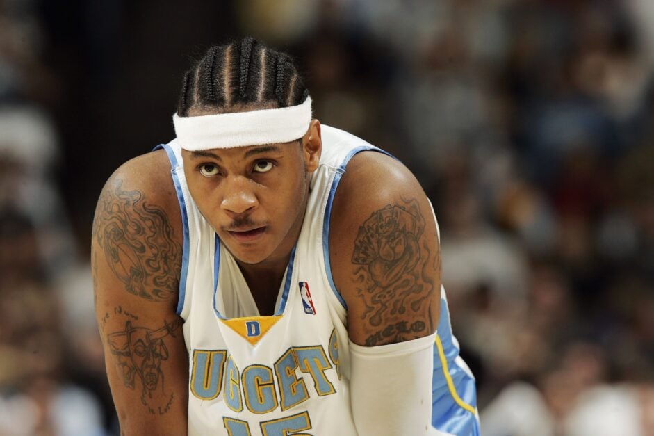 Carmelo Anthony #15 of the Denver Nuggets watches during a free throw against the Los Angeles Clippers in the fourth quarter of game three of the Western Conference Quarterfinals during the 2006 NBA Playoffs.