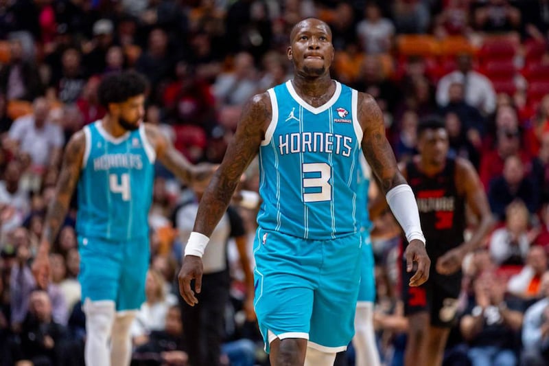Charlotte Hornets shooting guard Terry Rozier (3) reacts during the first half of an NBA game against Miami Heat