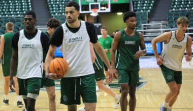Four of the new faces of the Hawaii men's basketball team, from left, Jalen Myers, Yacine Toumi, Dre Bullock and Isaac Finlinson at the Rainbow Warriors' first official practice of the 2025-26 preseason in the Stan Sheriff Center on Tuesday.