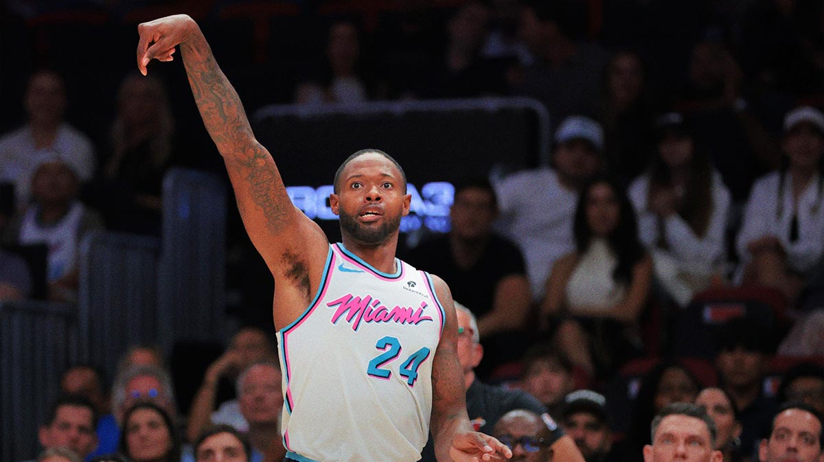 Miami Heat forward Haywood Highsmith (24) watches his shot against the Philadelphia 76ers during the second quarter at Kaseya Center.