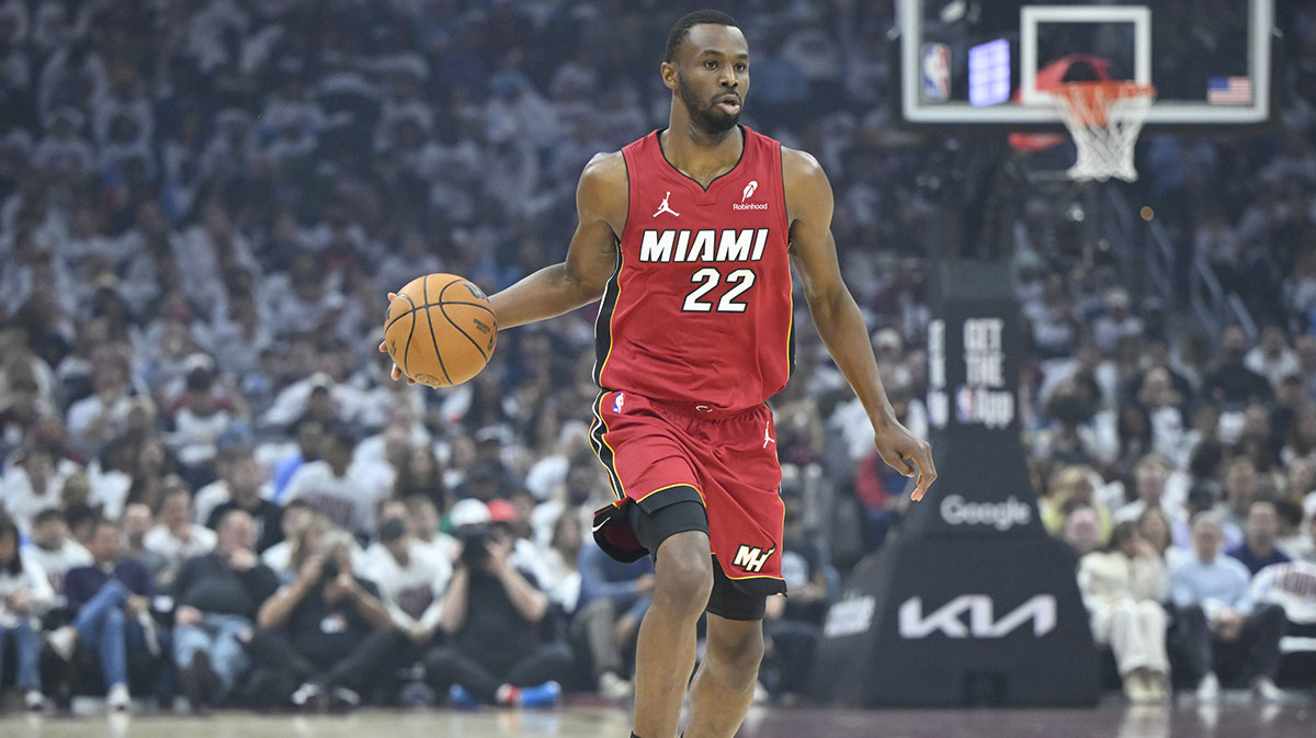 Miami Heat forward Andrew Wiggins (22) brings the ball up court in the first quarter against the Cleveland Cavaliers at Rocket Arena.