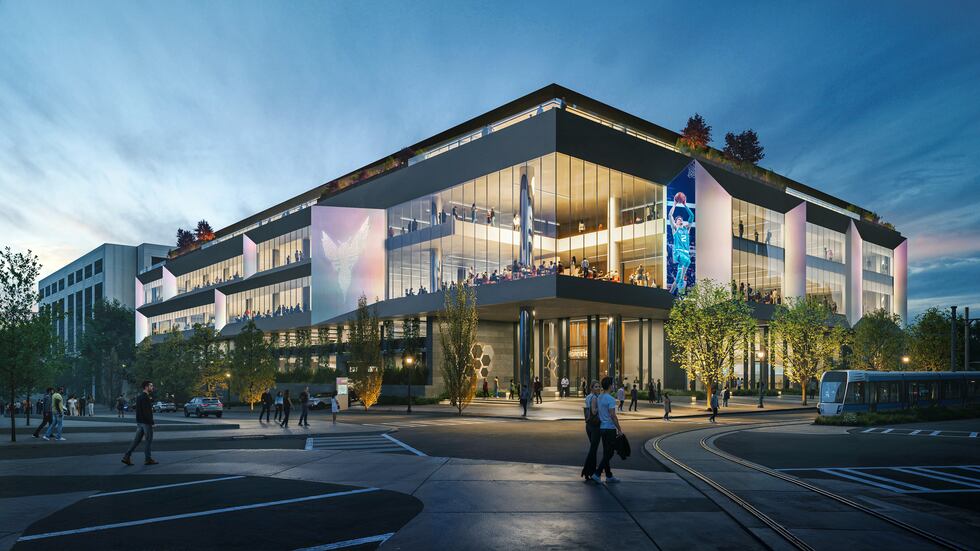 Re!magine Spectrum Center's proposed exterior with plaza at Caldwell and Fifth streets.