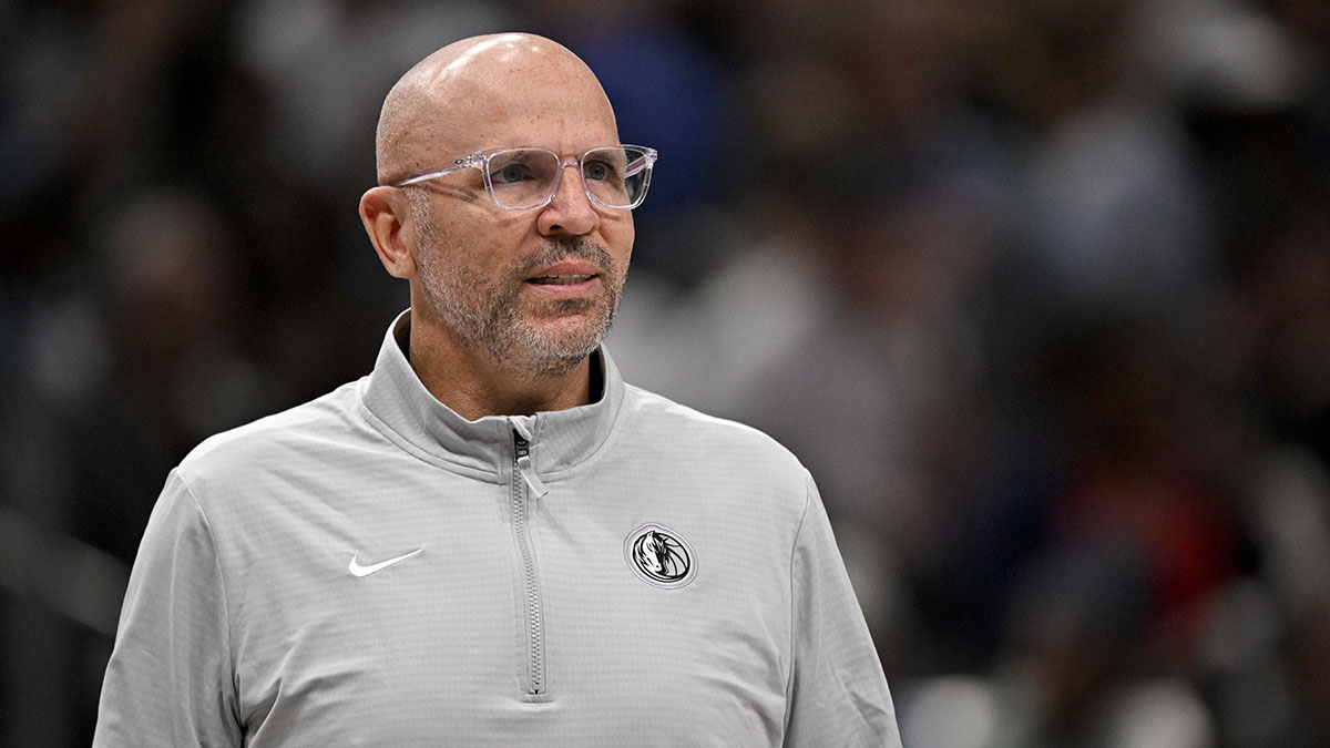 Dallas Mavericks head coach Jason Kidd looks on during the second quarter against the Toronto Raptors at the American Airlines Center.