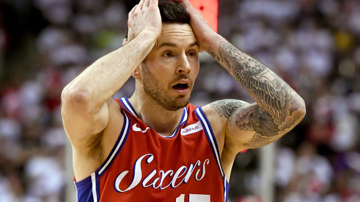 Philadelphia 76ers guard J.J. Redick (17) reacts after an officials call against the Toronto Raptors in game seven of the second round of the 2019 NBA Playoffs at Scotiabank Arena.