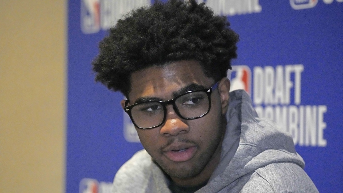 Jase Richardson talks to the media during the 2025 NBA Draft Combine at Marriott Marquis Chicago.