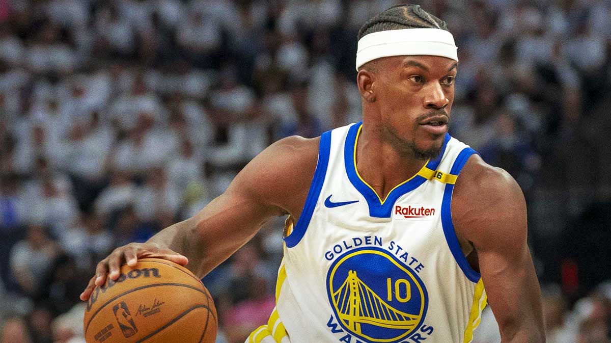 Golden State Warriors forward Jimmy Butler III (10) drives to the basket against the Minnesota Timberwolves in the second half during game five of the second round for the 2025 NBA Playoffs at Target Center.