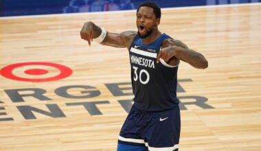 Minnesota Timberwolves forward Julius Randle (30) reacts against the Oklahoma City Thunder during the second half in game three of the western conference finals for the 2025 NBA Playoffs at Target Center.
