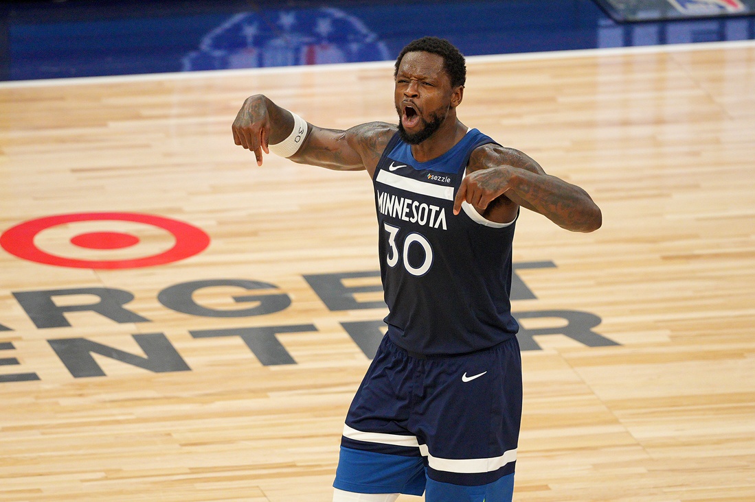 Minnesota Timberwolves forward Julius Randle (30) reacts against the Oklahoma City Thunder during the second half in game three of the western conference finals for the 2025 NBA Playoffs at Target Center.