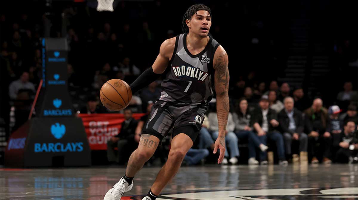 Brooklyn Nets guard Killian Hayes (7) brings the ball up court against the Portland Trail Blazers during the first quarter at Barclays Center.