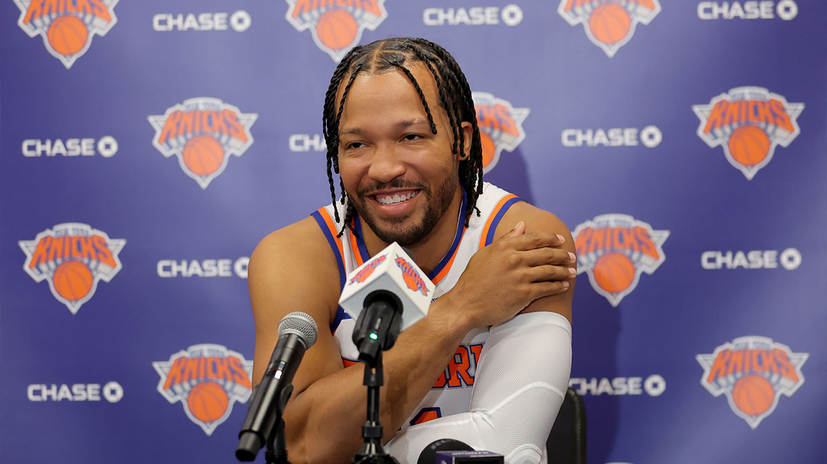 New York Knicks guard Jalen Brunson speaks to the media during a media day press conference at the Madison Square Garden training center.