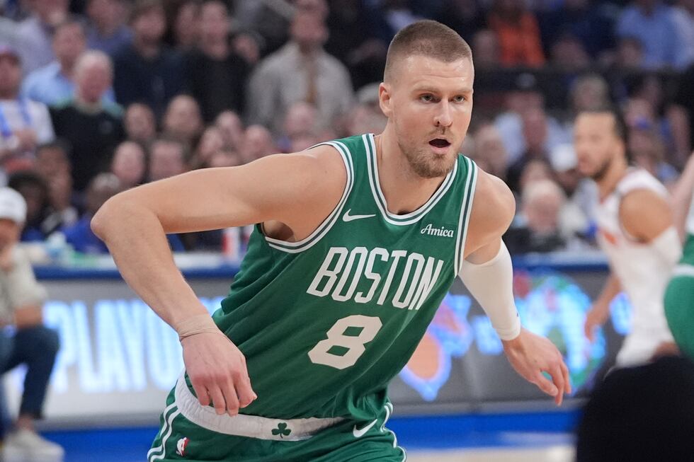 Boston Celtics' Kristaps Porzingis (8) during the first half of Game 6 in the Eastern...