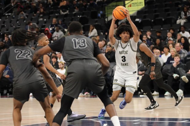 Notre Dame junior Zach White drives towards the basket on Saturday, Feb.1, 2025, in Mission League action against Sierra Canyon at the Intuit Dome in Inglewood. (Photo by Howard Freshman, Contributing Photographer)