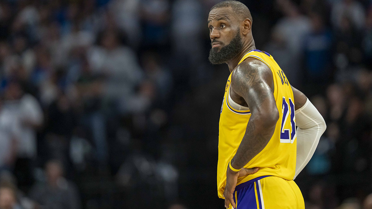 Los Angeles Lakers forward LeBron James (23) looks on against the Minnesota Timberwolves in the second half during game three of first round for the 2024 NBA Playoffs at Target Center.