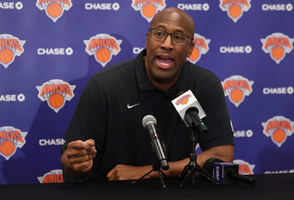 Knicks head coach Mike Brown talks with reporters on Sept. 23, 2025.