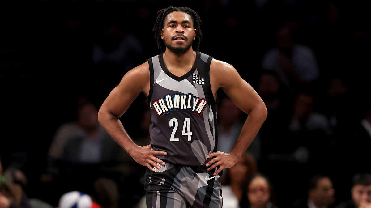 Brooklyn Nets guard Cam Thomas (24) reacts during the second quarter against the Portland Trail Blazers at Barclays Center. 