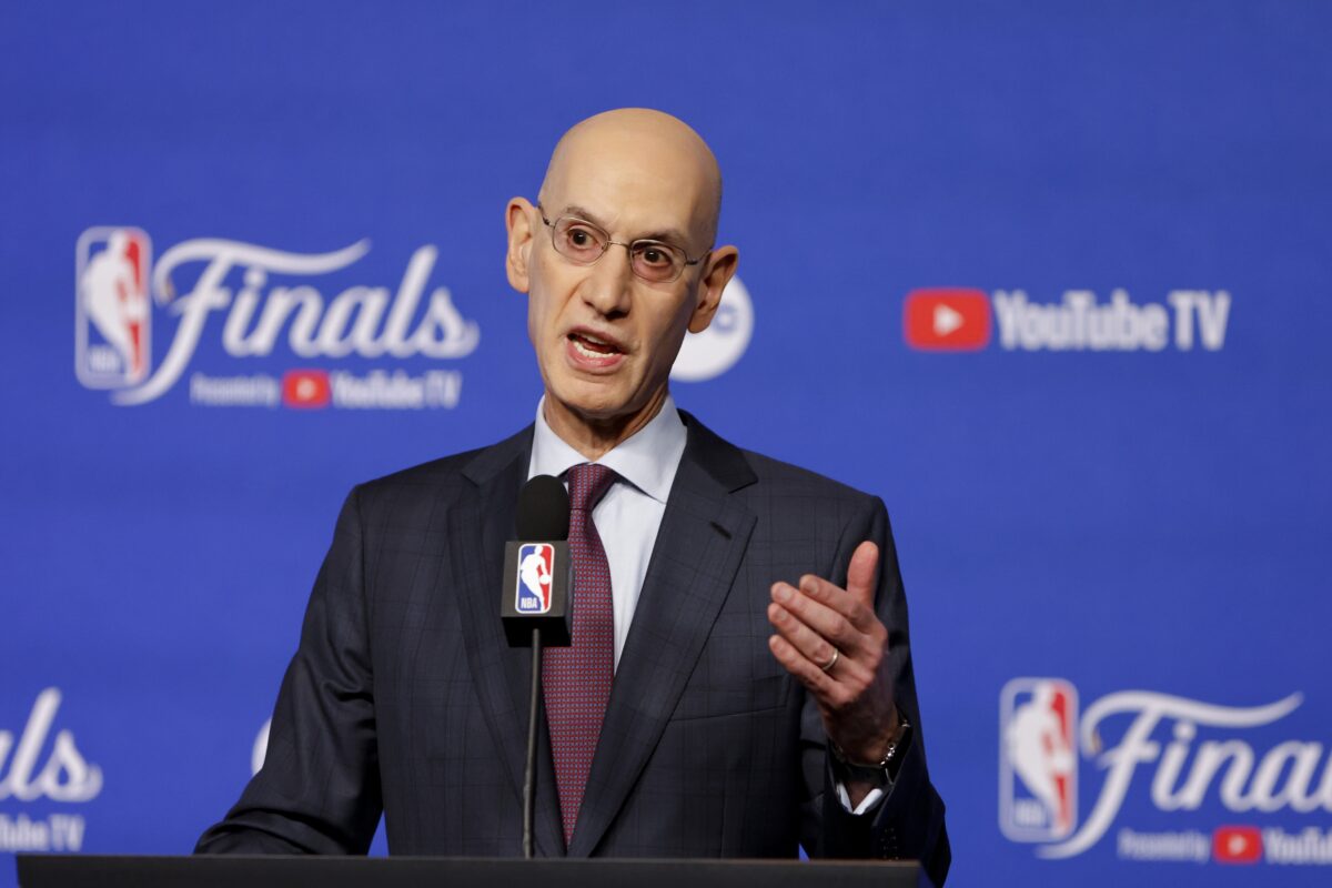 NBA commissioner Adam Silver speaks to the media before game one between the Oklahoma City Thunder and the Indiana Pacers in the 2025 NBA Finals at Paycom Center.
