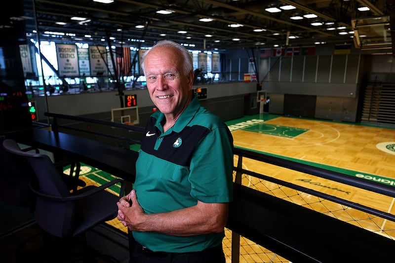 Longtime Boston Celtics PR executive Jeff Twiss poses for a portrait at the team's Auerbach Center