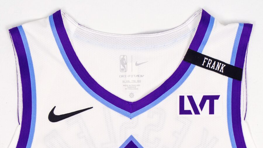 Utah Jazz uniform for the 2025-26 season featuring the Frank Layden memorial patch...