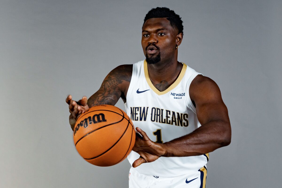 New Orleans Pelicans forward Zion Williamson (1) takes part in media day at Ochsner Sports Performance Center.