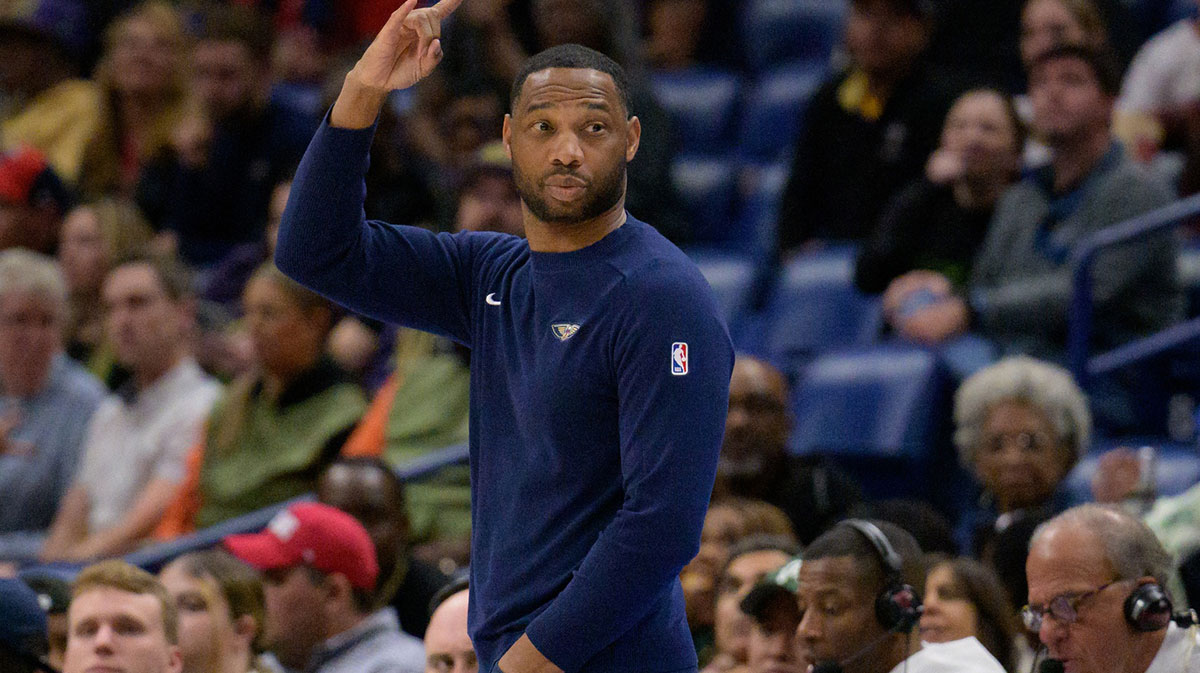 New Orleans Pelicans head coach Willie Green coaches against the Detroit Pistons during the first half at Smoothie King Center.