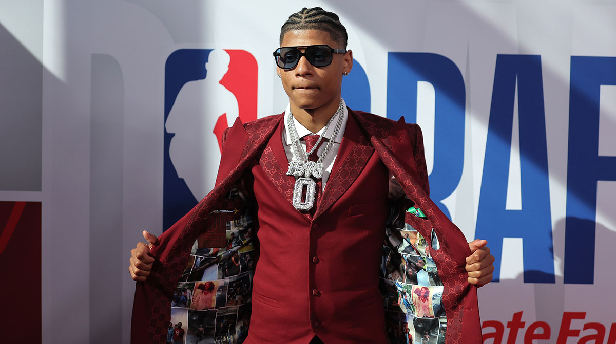 Jeremiah Fears arrives before the first round of the 2025 NBA Draft at Barclays Center.