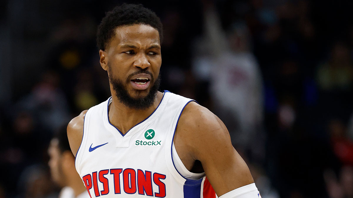 Detroit Pistons guard Malik Beasley (5) reacts in the second half against the Atlanta Hawks at Little Caesars Arena.