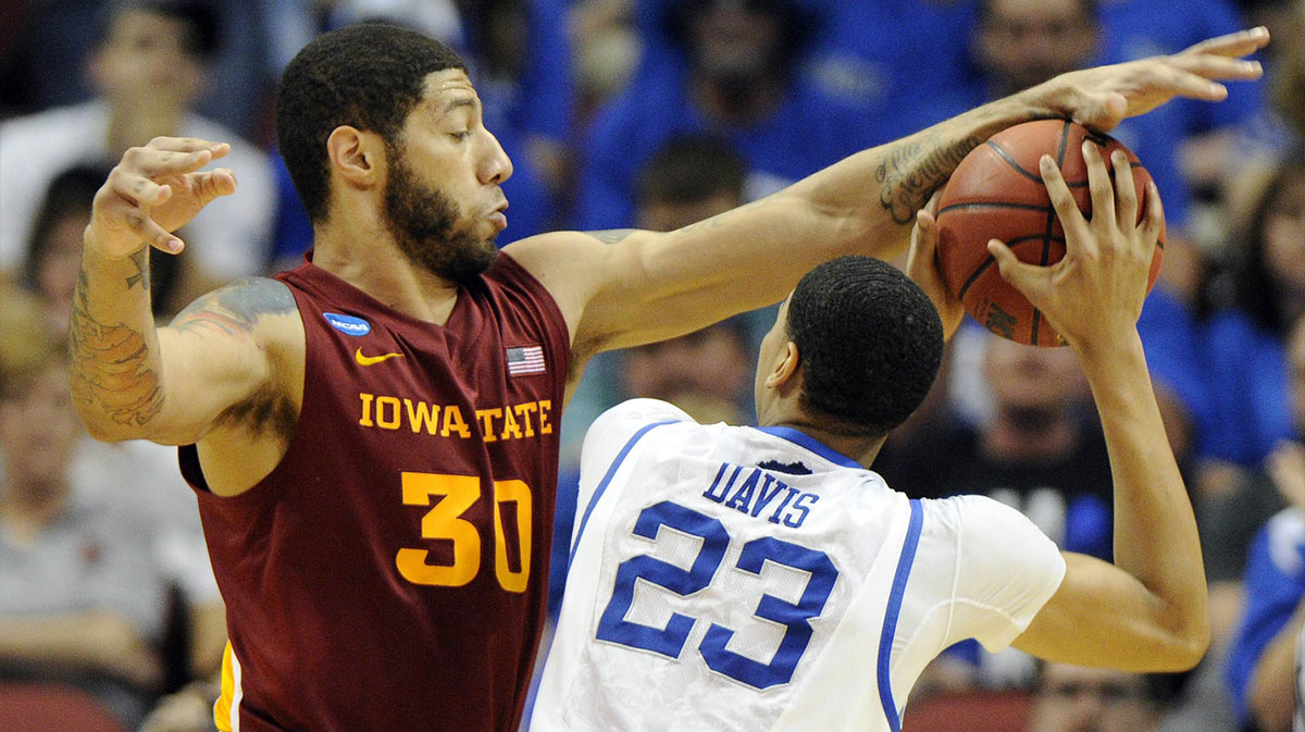 Iowa State Cyclones forward Royce White (30) pressures Kentucky Wildcats forward Anthony Davis (23) during the second half in the third round of the 2012 NCAA men's basketball tournament at the KFC Yum! Center. Kentucky defeated Iowa State 87-71.