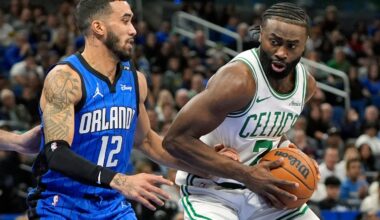 Jaylen Brown had a game-high 35 points, but Orlando's Trevelin Queen (left) tied a career high with 17 points as the Magic rallied from a 15-point halftime deficit for the victory.
