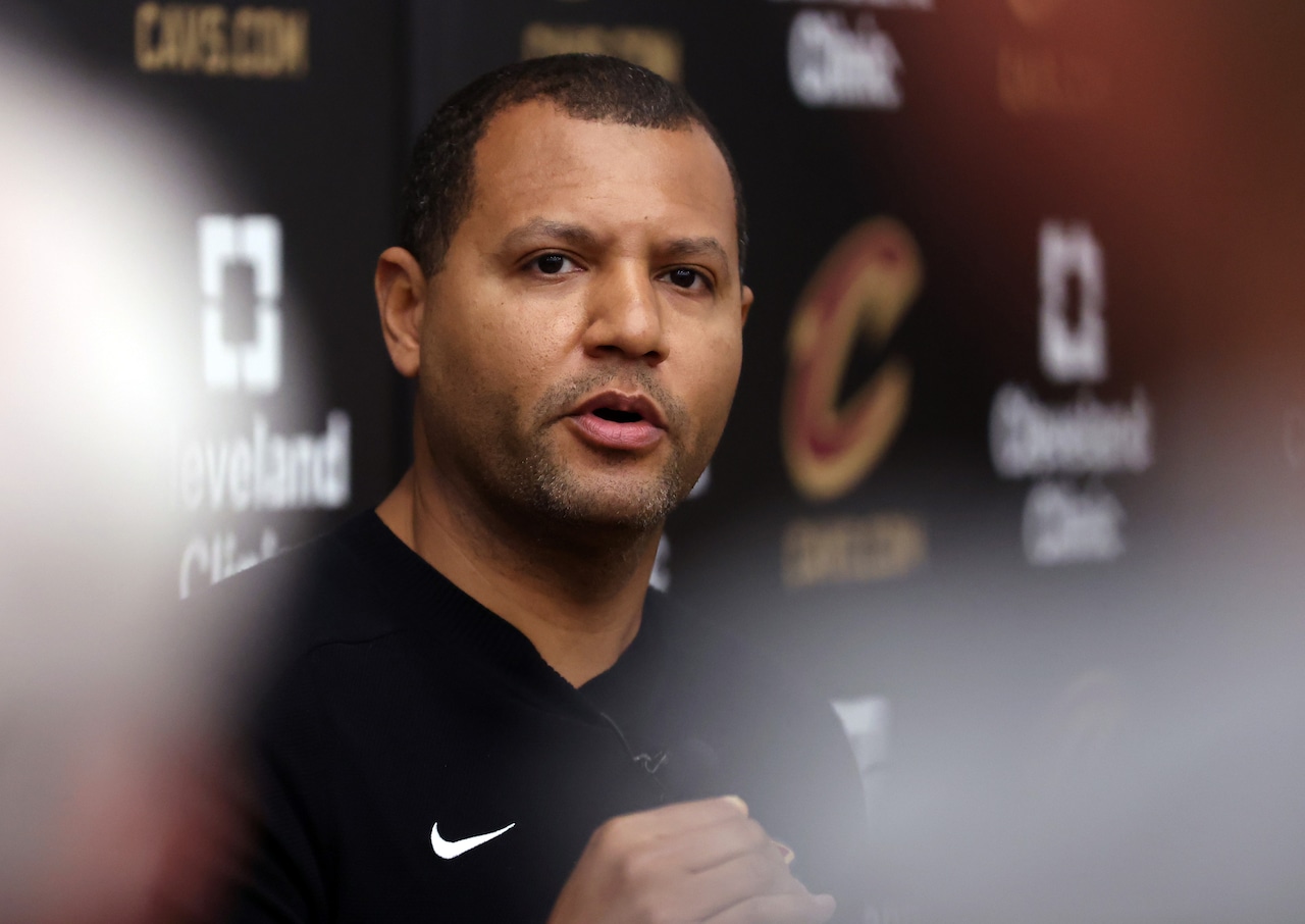 Cleveland Cavaliers President of Basketball Operations Koby Altman speaks to the media during his end-of-season availability at the Cleveland Clinic courts.