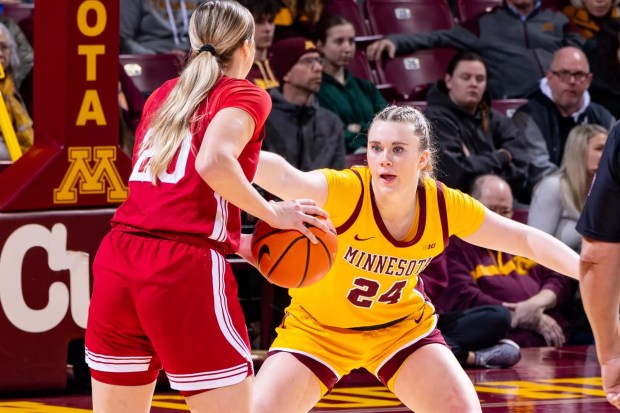 Gophers forward Mallory Heyer guards an opponent during Minnesota's 66-56 victory over Indiana at Williams Arena on Sunday, Feb. 9, 2025. (Courtesy of Kelly Lynn / University of Minnesota)