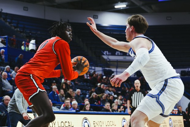 SDSU's Magoon Gwath drives to the basket during the first half of Wednesday's game at Air Force. (Armando Aguilar, SDSU athletics)