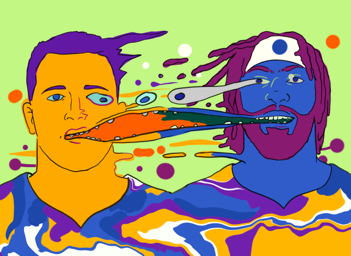 A drawing in La Lakers colors (orange and purple) and Dallas Mavericks colors blue, white, and grey) of the faces of Luka Doncic and Anthony Davis melding into each other.