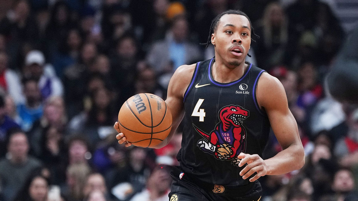 Toronto Raptors forward Scottie Barnes (4) controls the ball against the Charlotte Hornets during the first quarter at Scotiabank Arena.
