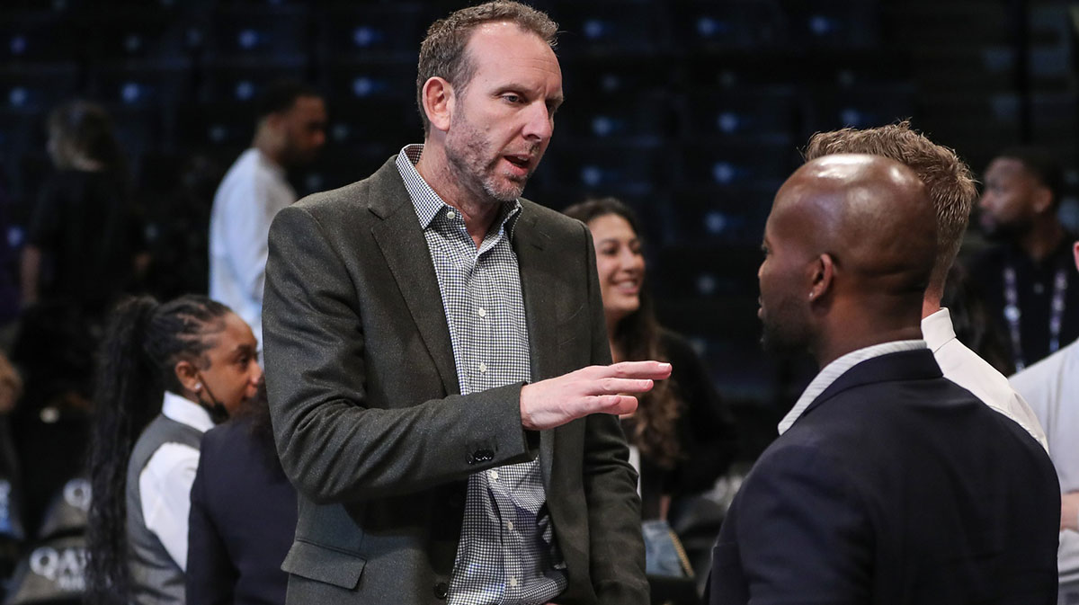 Brooklyn Nets General Manager Sean Marks speaks to a group of people prior to the game against the Atlanta Hawks at Barclays Center.