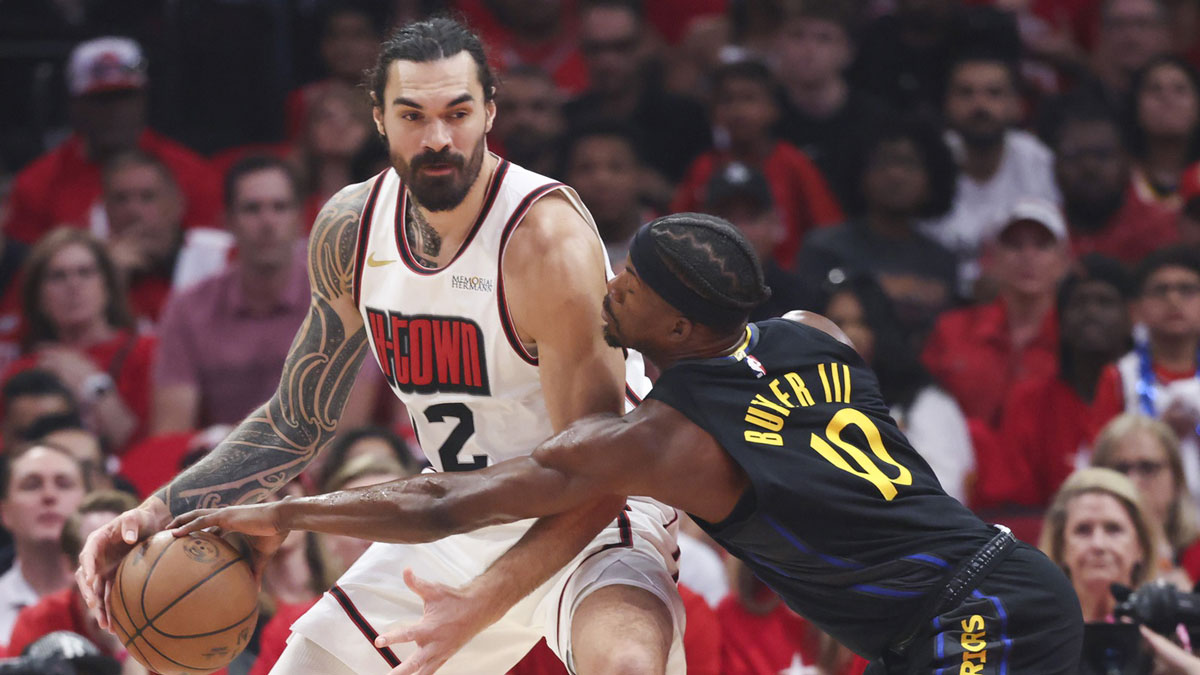Golden State Warriors forward Jimmy Butler III (10) defends against Houston Rockets center Steven Adams (12) during game seven of first round for the 2025 NBA Playoffs at Toyota Center. 