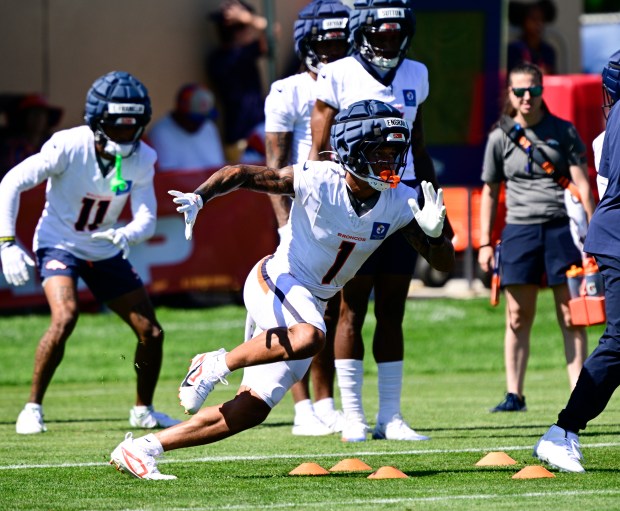 Denver Broncos tight end Evan Engram (1) during training camp at Broncos Park Powered by CommonSpirit in Centennial on Saturday, July 26, 2025. (Photo by Andy Cross/The Denver Post)