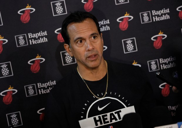 Miami Heat head coach Erik Spoelstra speaks to the media...