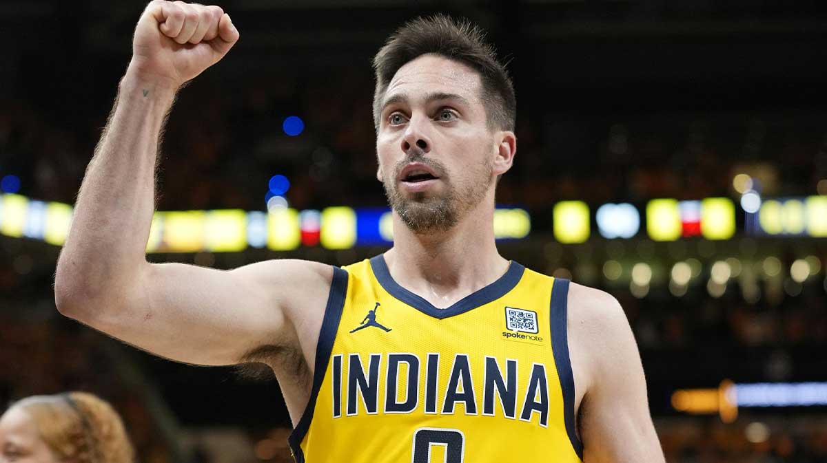 Indiana Pacers guard T.J. McConnell (9) reacts at the end of the third quarter against the Oklahoma City Thunder during the second half of game six of the 2025 NBA Finals between the Oklahoma City Thunder and the Indiana Pacers.