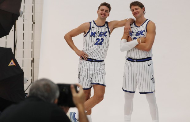 Orlando Magic brothers Franz Wagner (22) and Mo Wagner (21) are photographed during Orlando Magic Media Day at the AdvenHealth Training Center on Monday. More about Orlando Magic Media Day, 1C. (Stephen M. Dowell/Orlando Sentinel)
