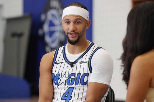 Orlando Magic guard Jalen Suggs is interviewed during Orlando Magic...