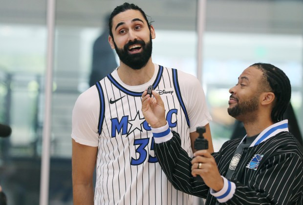 Orlando Magic center Goga Bitadze is interviewed during Orlando Magic...