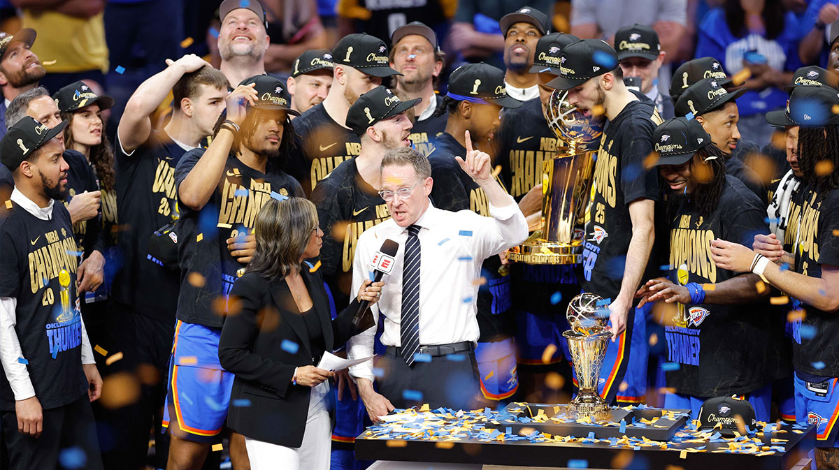 Thunder general manager Sam Presti is interviewed after winning game seven of the 2025 NBA Finals against the Indiana Pacers at Paycom Center