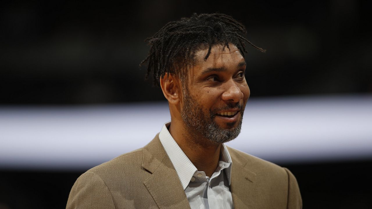 San Antonio Spurs assistant coach Tim Duncan in the first half of an NBA basketball game Monday, Feb . 10, 2020, in Denver. (AP Photo/David Zalubowski)